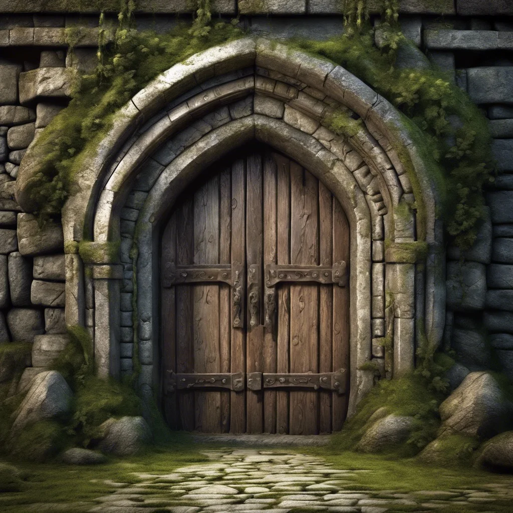 A stone wall with an arched double wooden door
