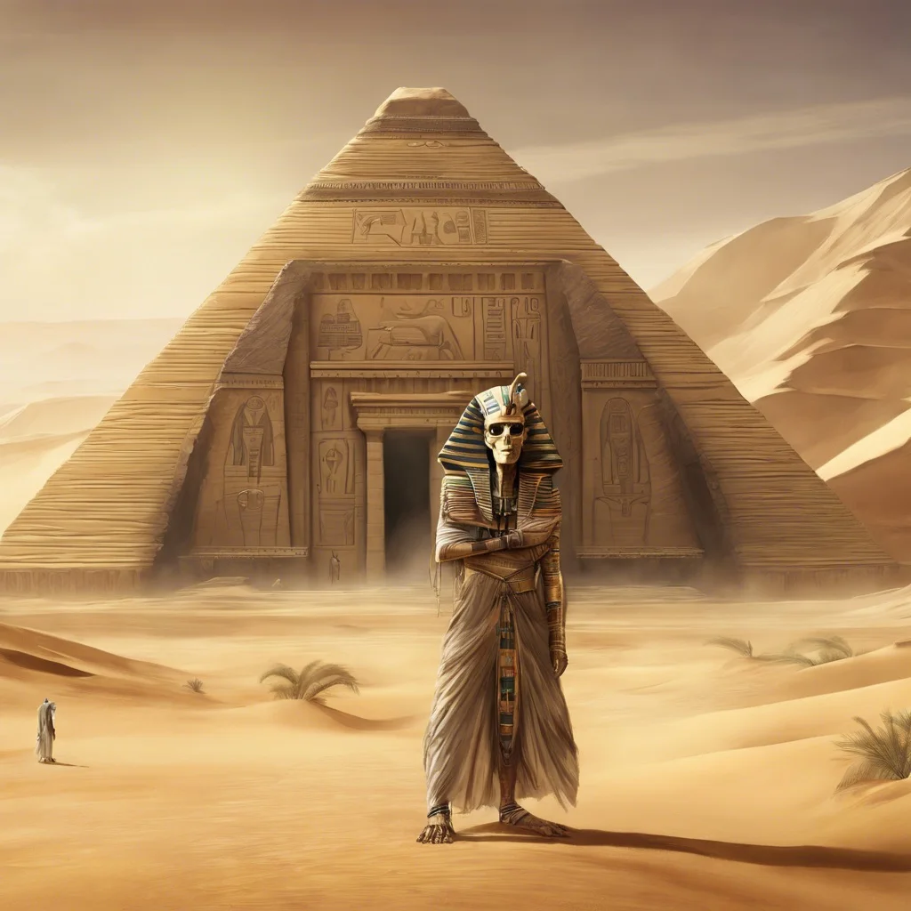 An Undead Pharaoh standing outside a desert temple
